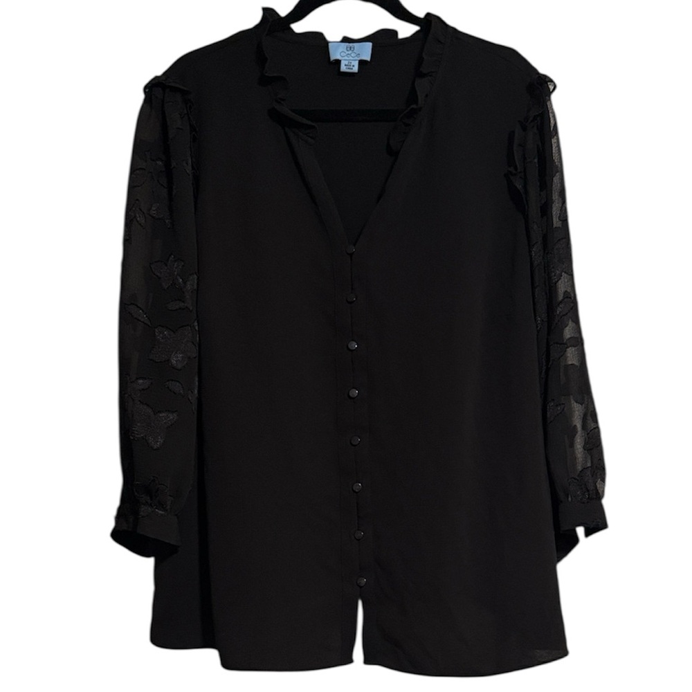 ☀️ CeCe Black Flowy Blouse with Sheer Patterned Sleeves